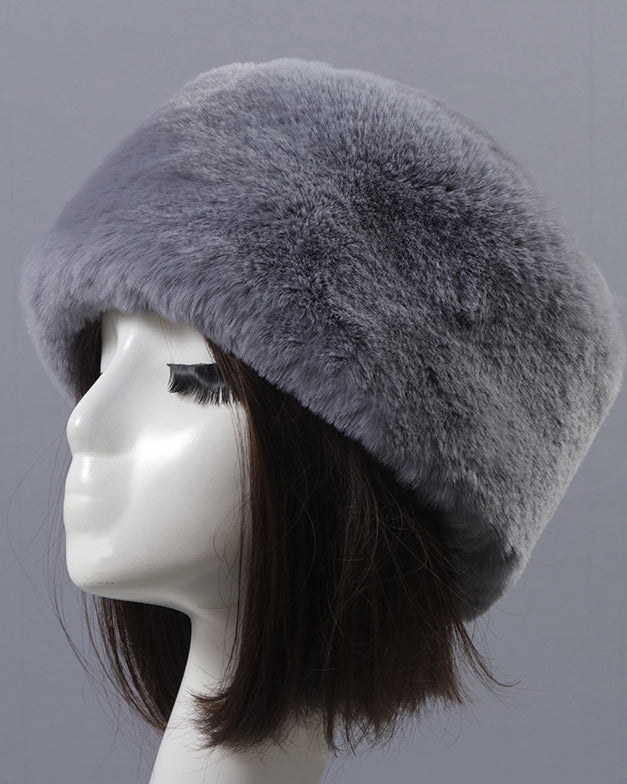 Solid Color Faux Rex Rabbit Fur Round Flat Hat