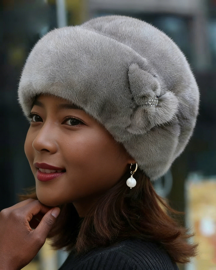 Genuine Mink Fur Thickened Windproof Crystal Flower Insulated Hat