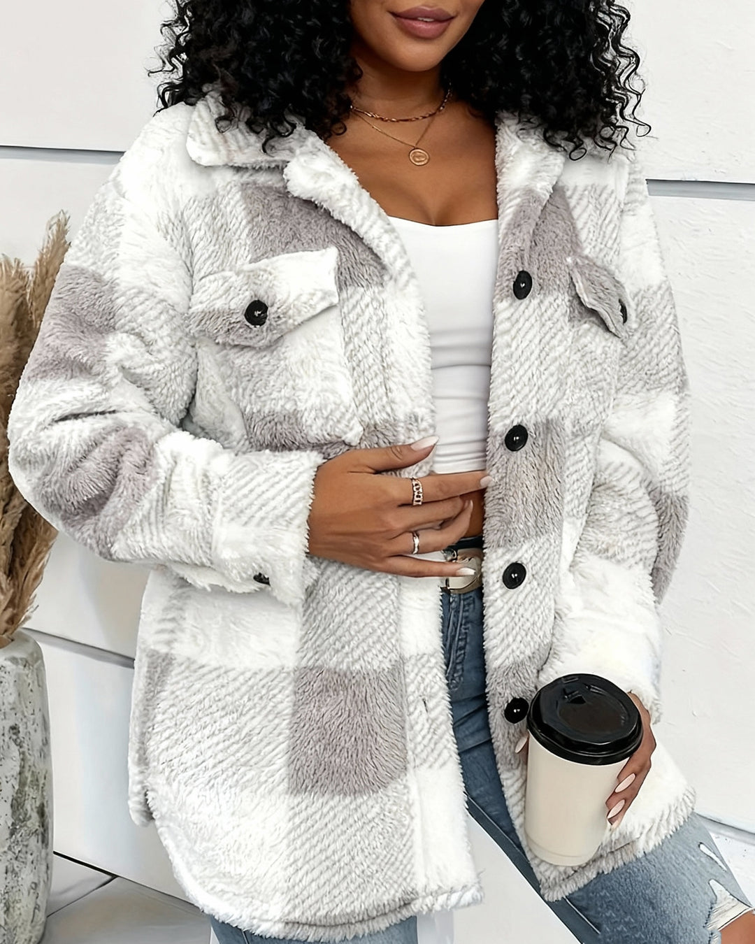 Pocket Plaid Lambskin Jacket Button Plush Coat