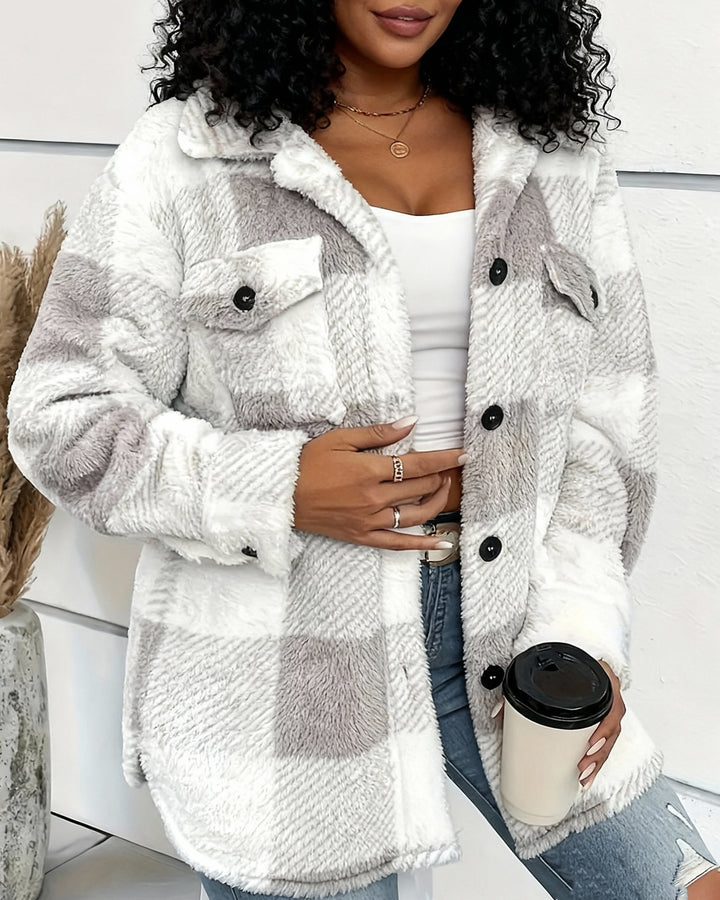 Pocket Plaid Lambskin Jacket Button Plush Coat