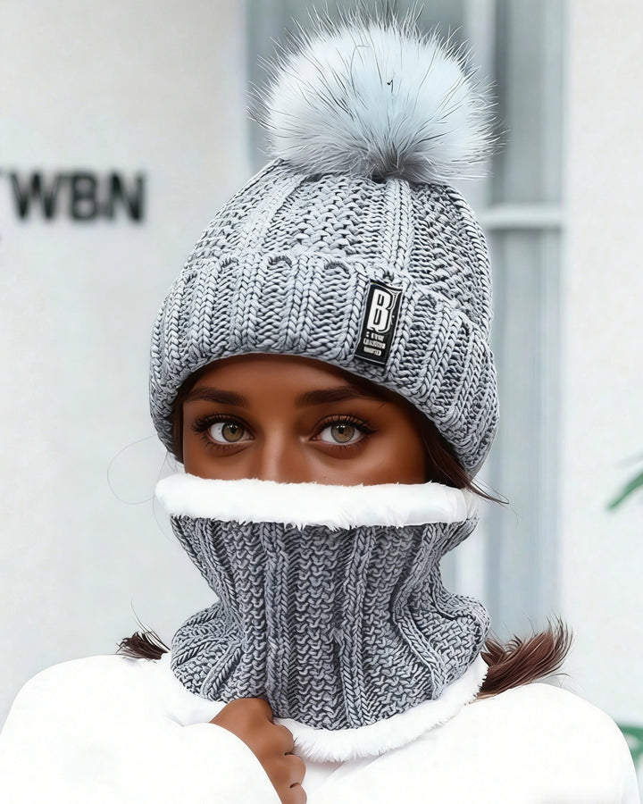 2pcs/Set Women Winter Beret Hat And Pom Pom Fleece Lined Neck Warmer Scarf Set