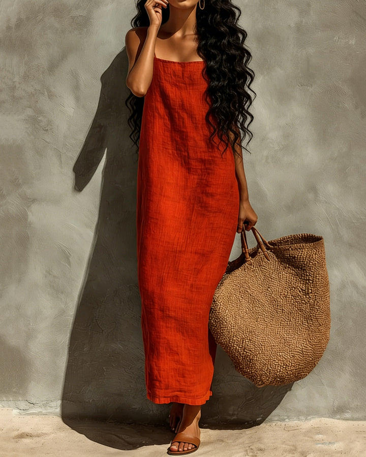 Women's Red Cotton Dress With Spaghetti Straps