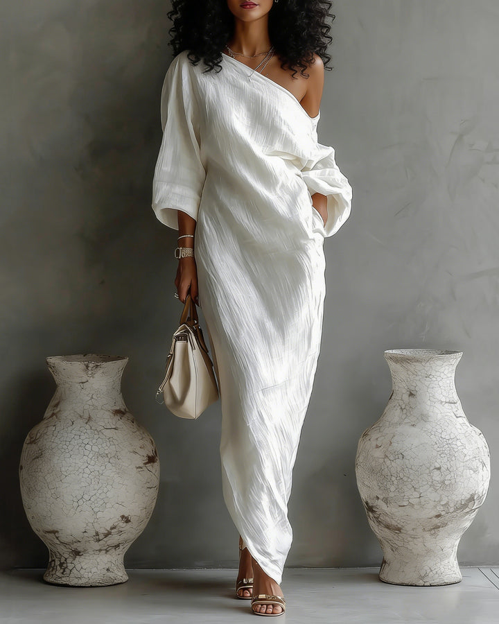 Ivory White Cotton-Linen Blend One-Shoulder Flowing Elegant Dress