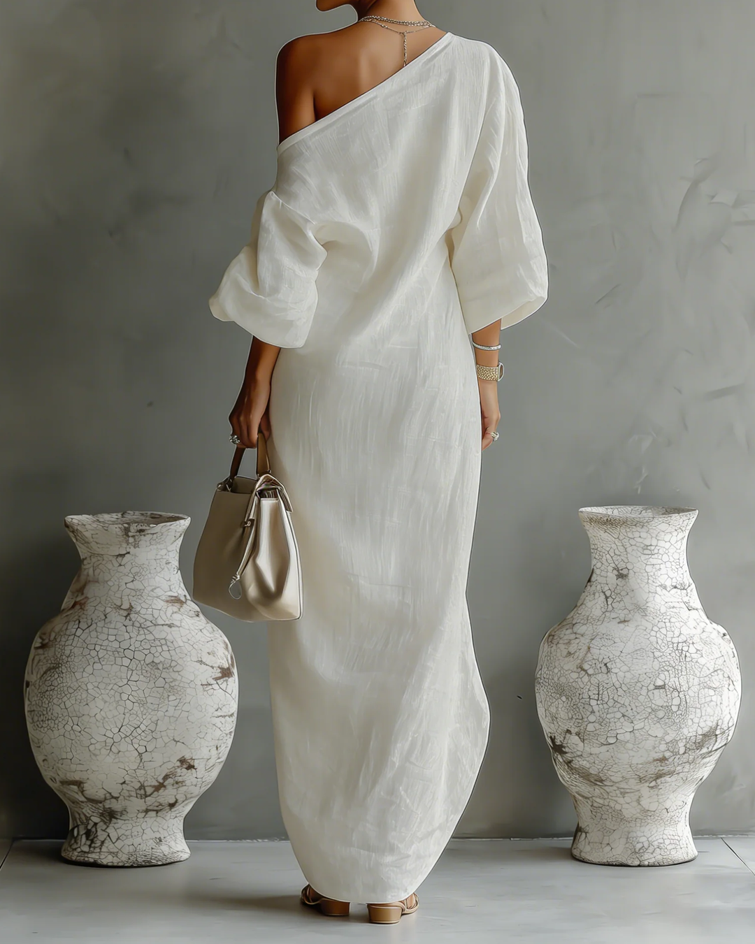 Ivory White Cotton-Linen Blend One-Shoulder Flowing Elegant Dress