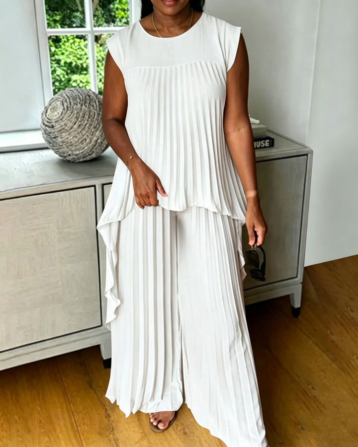 Solid Color Pleated Round Neck Top & Straight-leg Pants Two-piece Set