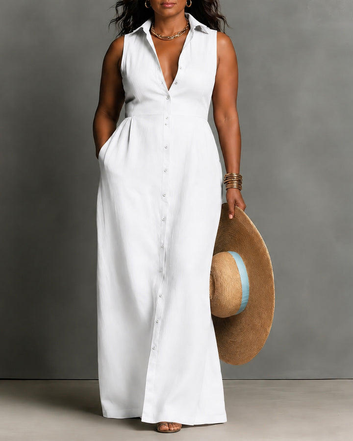 Collared Button-front Sleeveless Full Maxi Dress