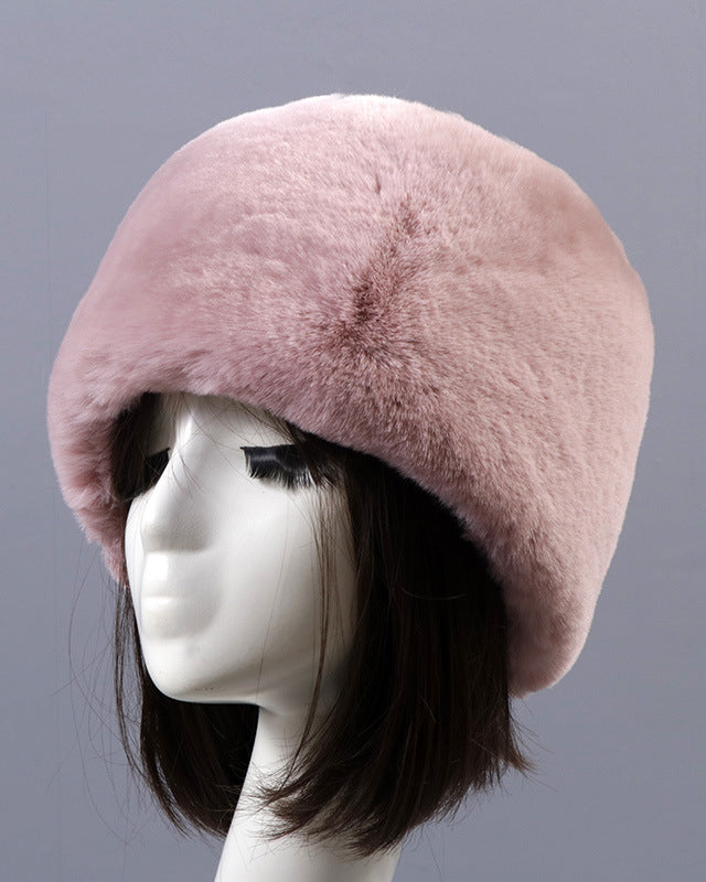 Solid Color Faux Rex Rabbit Fur Round Flat Hat