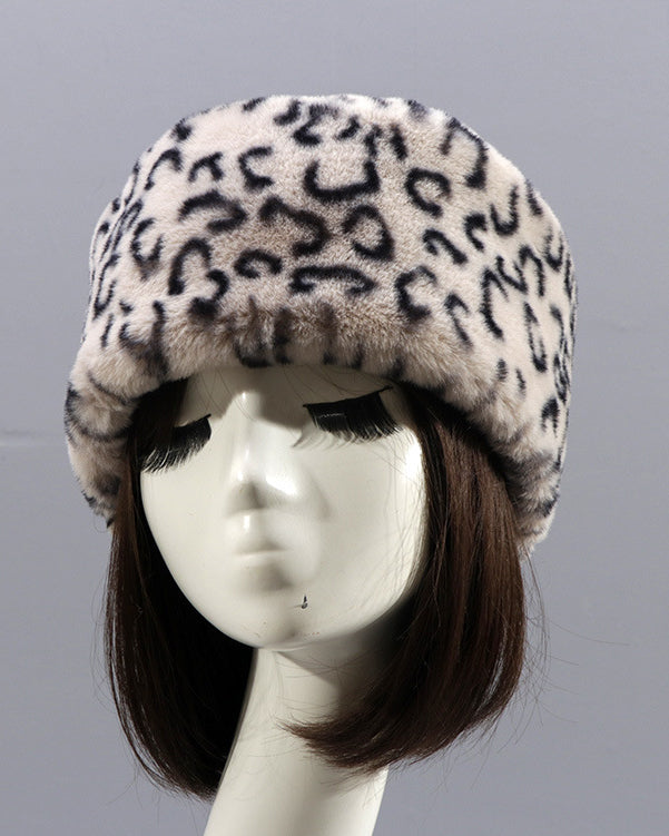 Leopard Faux Rex Rabbit Fur Round Flat Hat