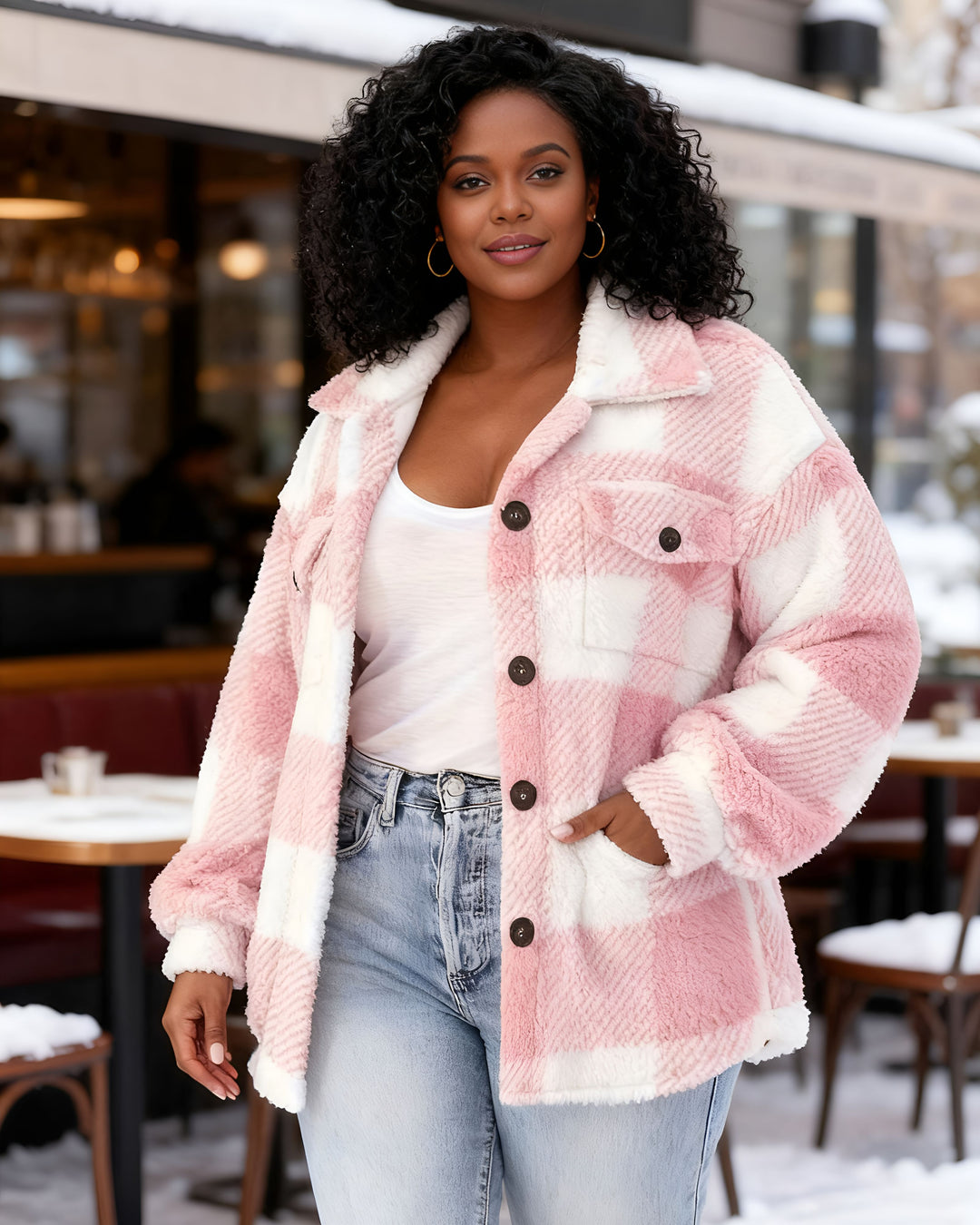 Pocket Plaid Lambskin Jacket Button Plush Coat