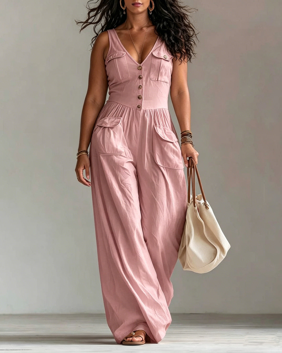 V-neck Sleeveless Wide-leg Jumpsuit with Pockets