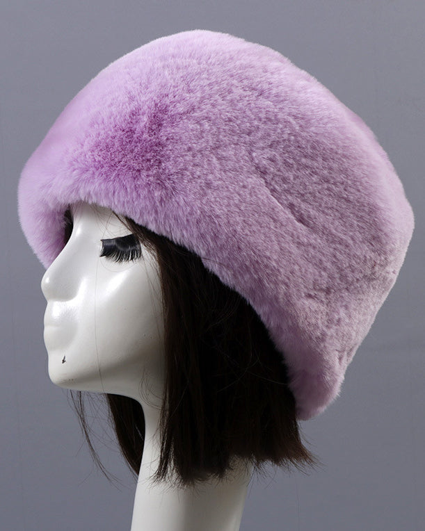 Solid Color Faux Rex Rabbit Fur Round Flat Hat