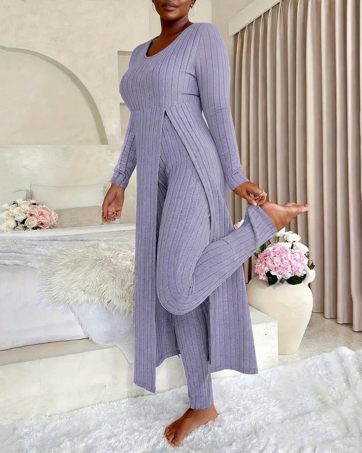 Crew Neck Split Long Sleeve Ribbed High Elastic Two-piece Set