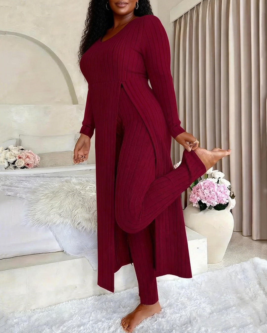Crew Neck Split Long Sleeve Ribbed High Elastic Two-piece Set