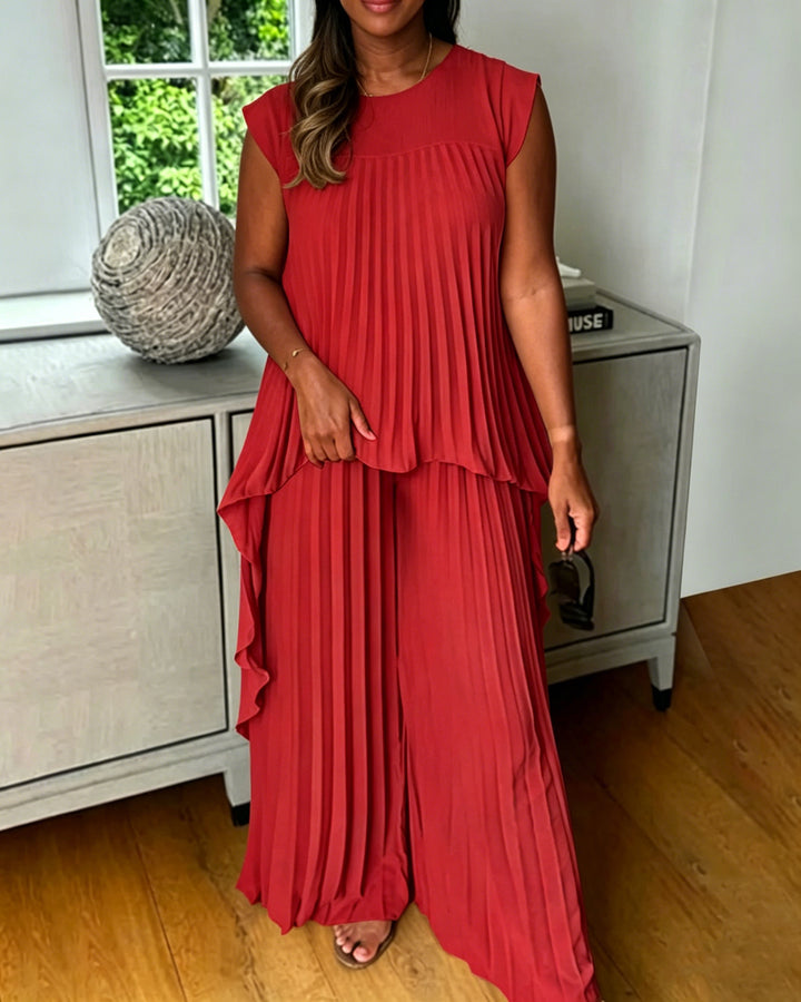 Solid Color Pleated Round Neck Top & Straight-leg Pants Two-piece Set