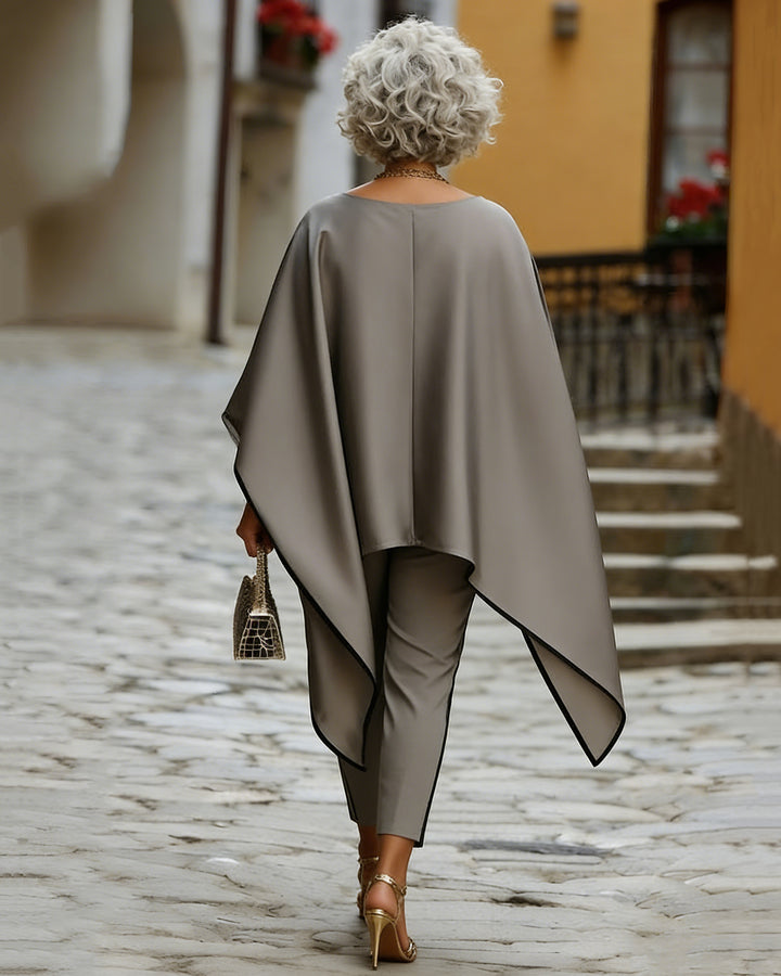 Elegant Solid Gray Crew Neck Loose Long Shirt and Drawstring Pants