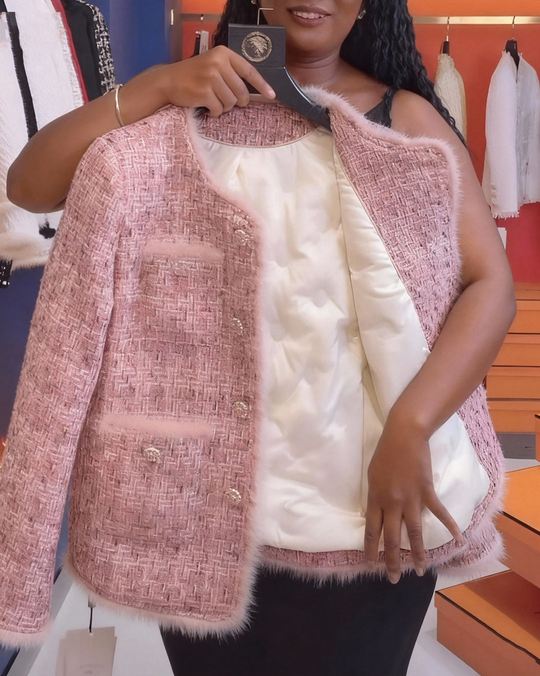 Thickened High-end Tweed Pink Down Liner Jacket