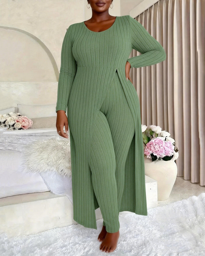 Crew Neck Split Long Sleeve Ribbed High Elastic Two-piece Set