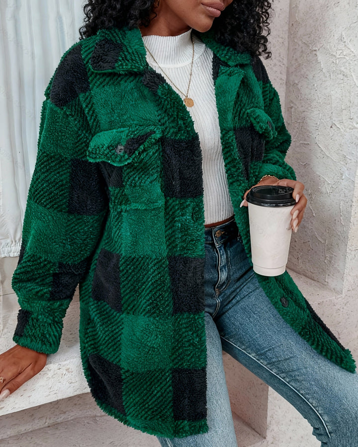 Pocket Plaid Lambskin Jacket Button Plush Coat