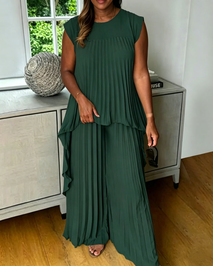 Solid Color Pleated Round Neck Top & Straight-leg Pants Two-piece Set