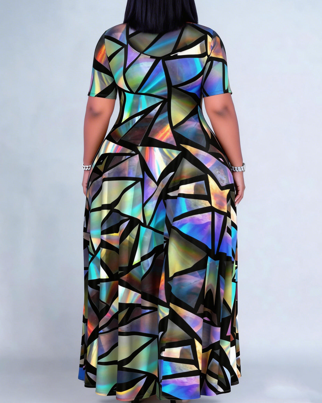 Multicolor Mirror Sequin Print Round Neck Short Sleeve Maxi Dresses