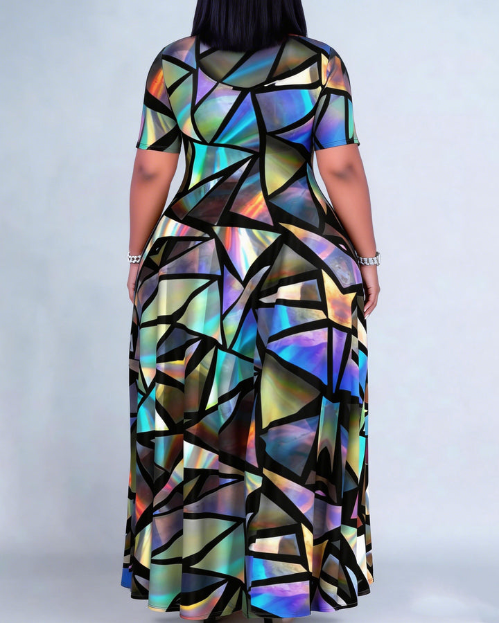 Multicolor Mirror Sequin Print Round Neck Short Sleeve Maxi Dresses
