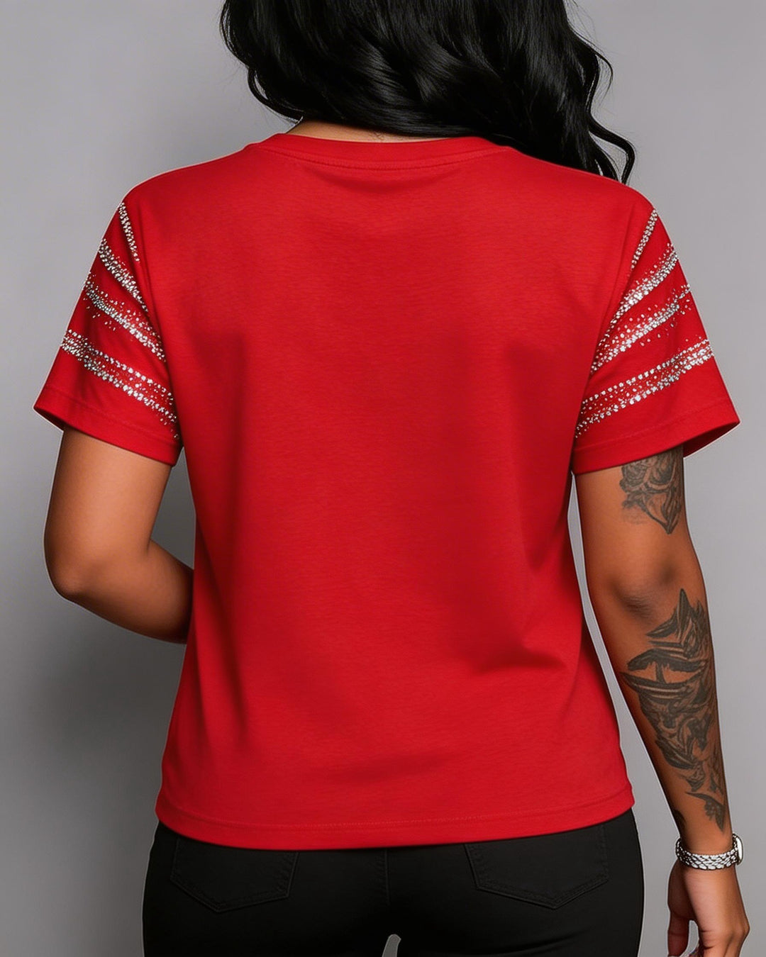American Flag Flash Diamond Butterfly Rose Print V-Neck Short Sleeve Tee