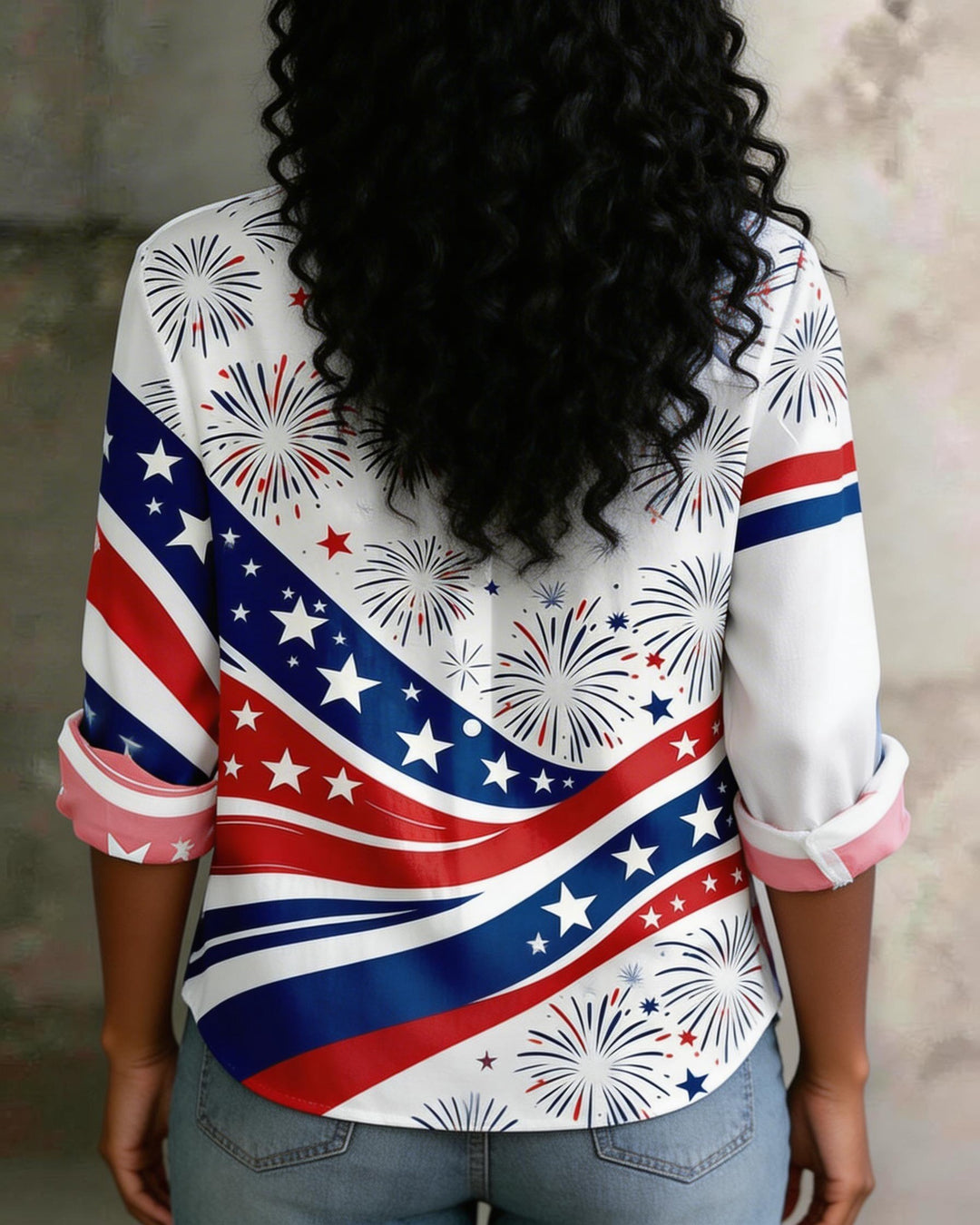 American Flag Fireworks 1776-2 026 250th Anniversary Printed Lapel Long Sleeve Shirt