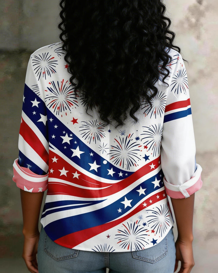 American Flag Fireworks 1776-2 026 250th Anniversary Printed Lapel Long Sleeve Shirt