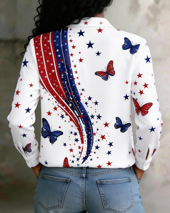 Stars And Stripes Butterfly Print Lies Long Sleeve Shirt