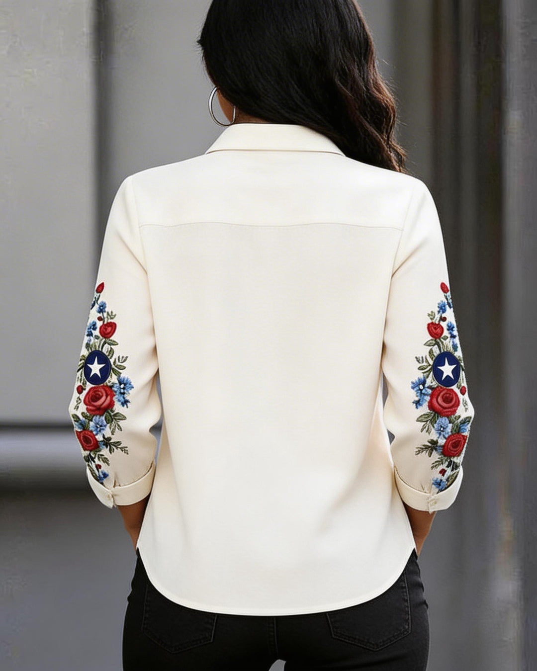 USA 1776-2026 Floral Print Lapel Long Sleeve Shirt