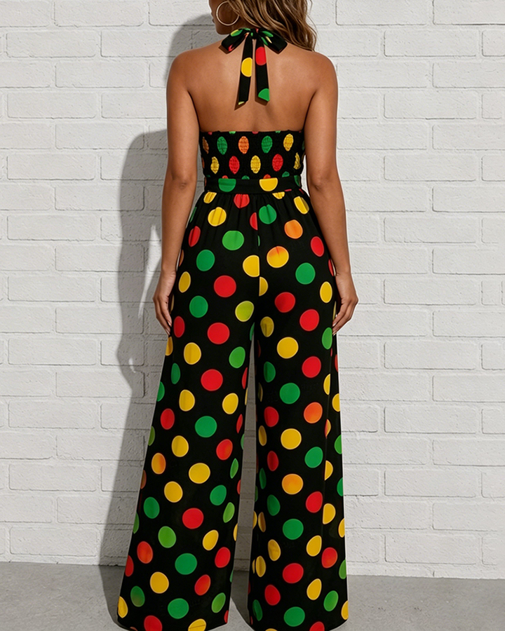 Reggae-toned Classic Polka Dot Halter Wide-Leg Jumpsuit