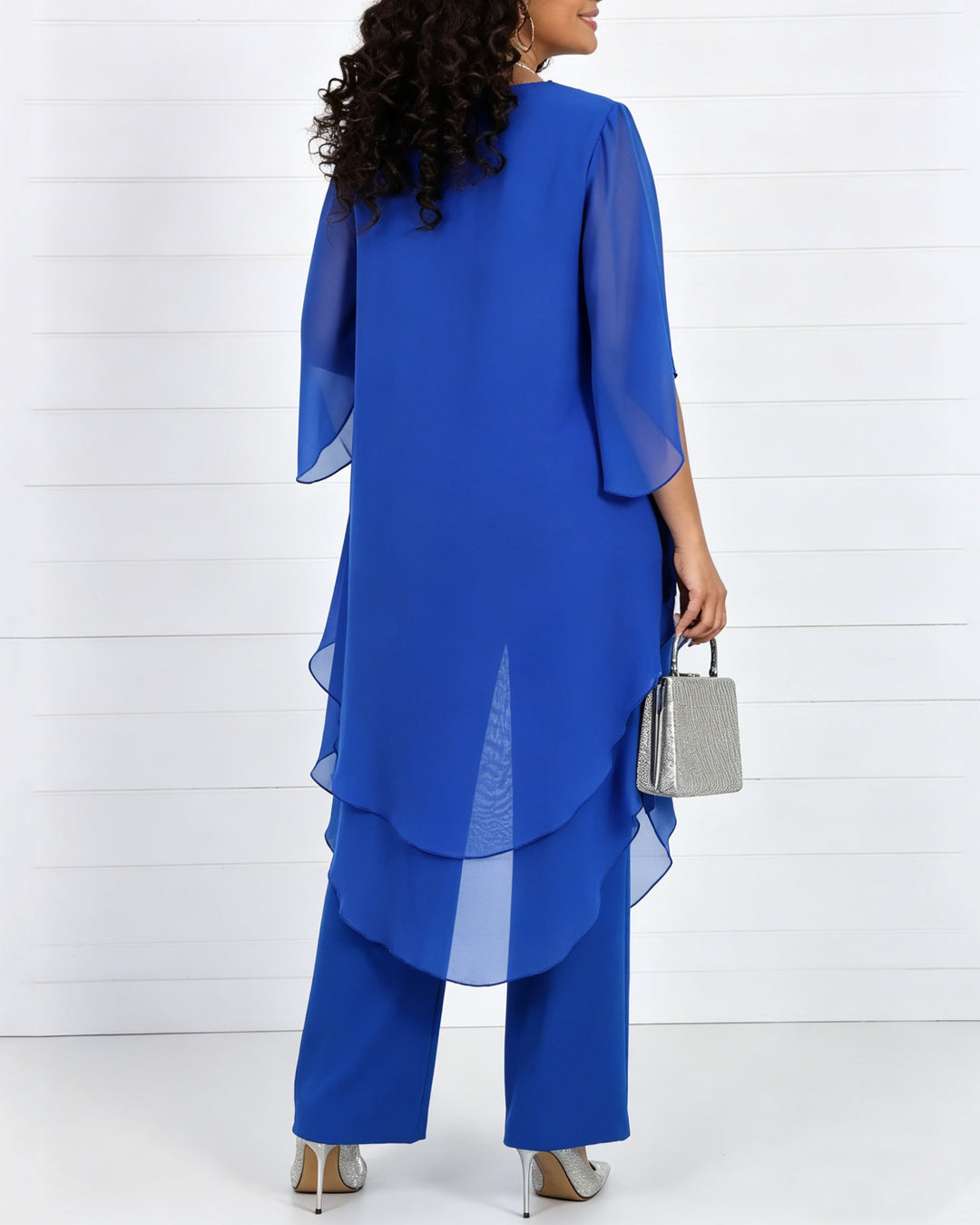 Solid Color Round Neck Chiffon Long Top and Straight Leg Pants Two-piece Set