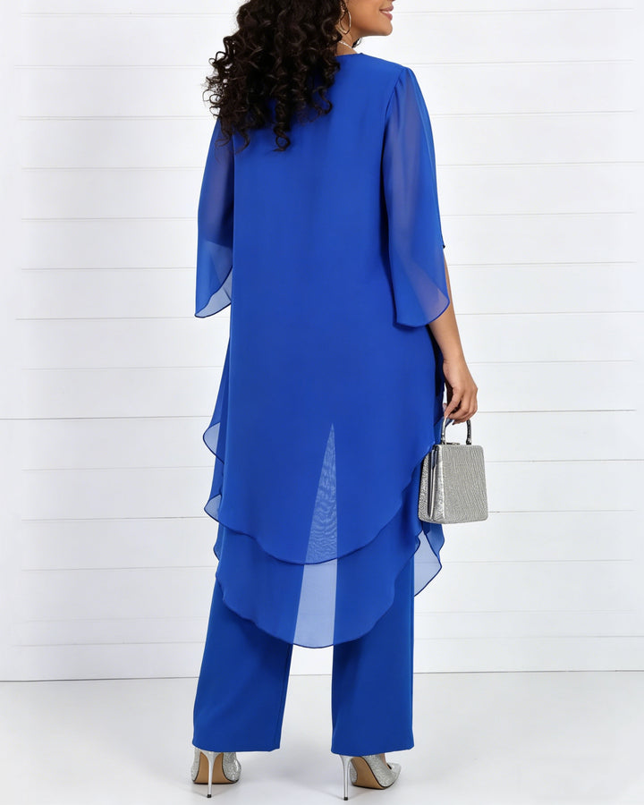 Solid Color Round Neck Chiffon Long Top and Straight Leg Pants Two-piece Set