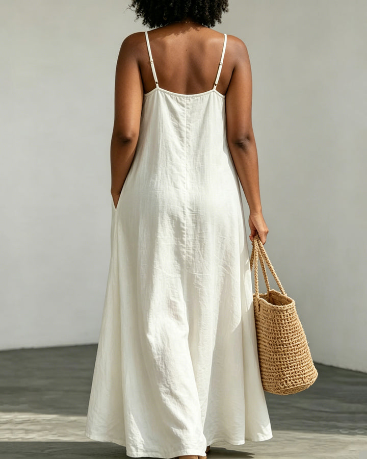 Solid Color Linen Cotton Cami Maxi Dress With Pockets