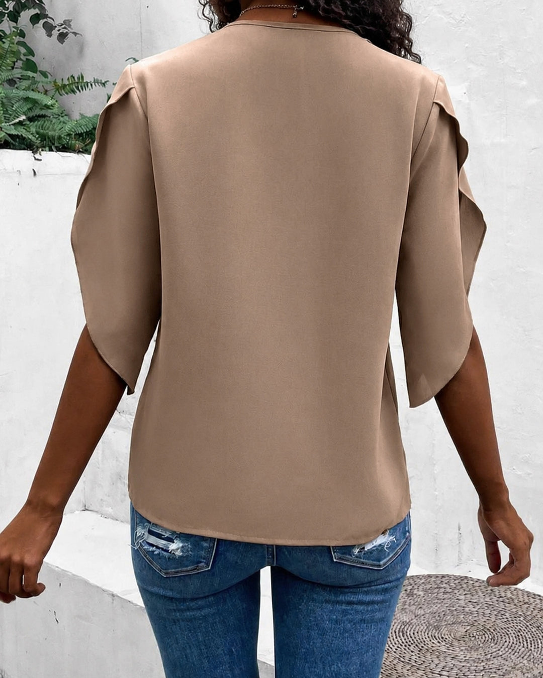 Lace-trimmed V-neck Bell Sleeve Blouse