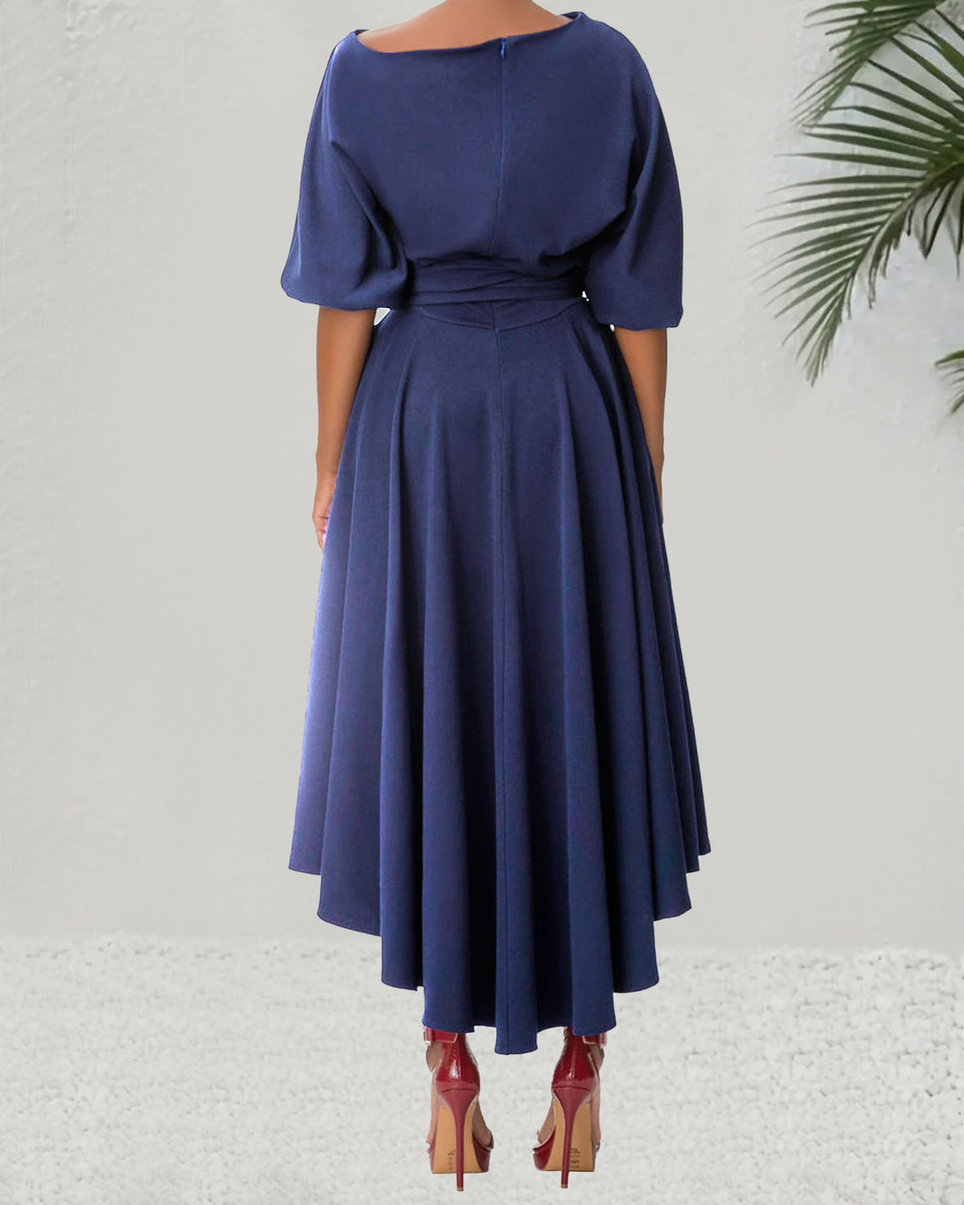 Asymmetrical Shoulder Tie-up Puff Sleeve Solid Color Maxi Dress