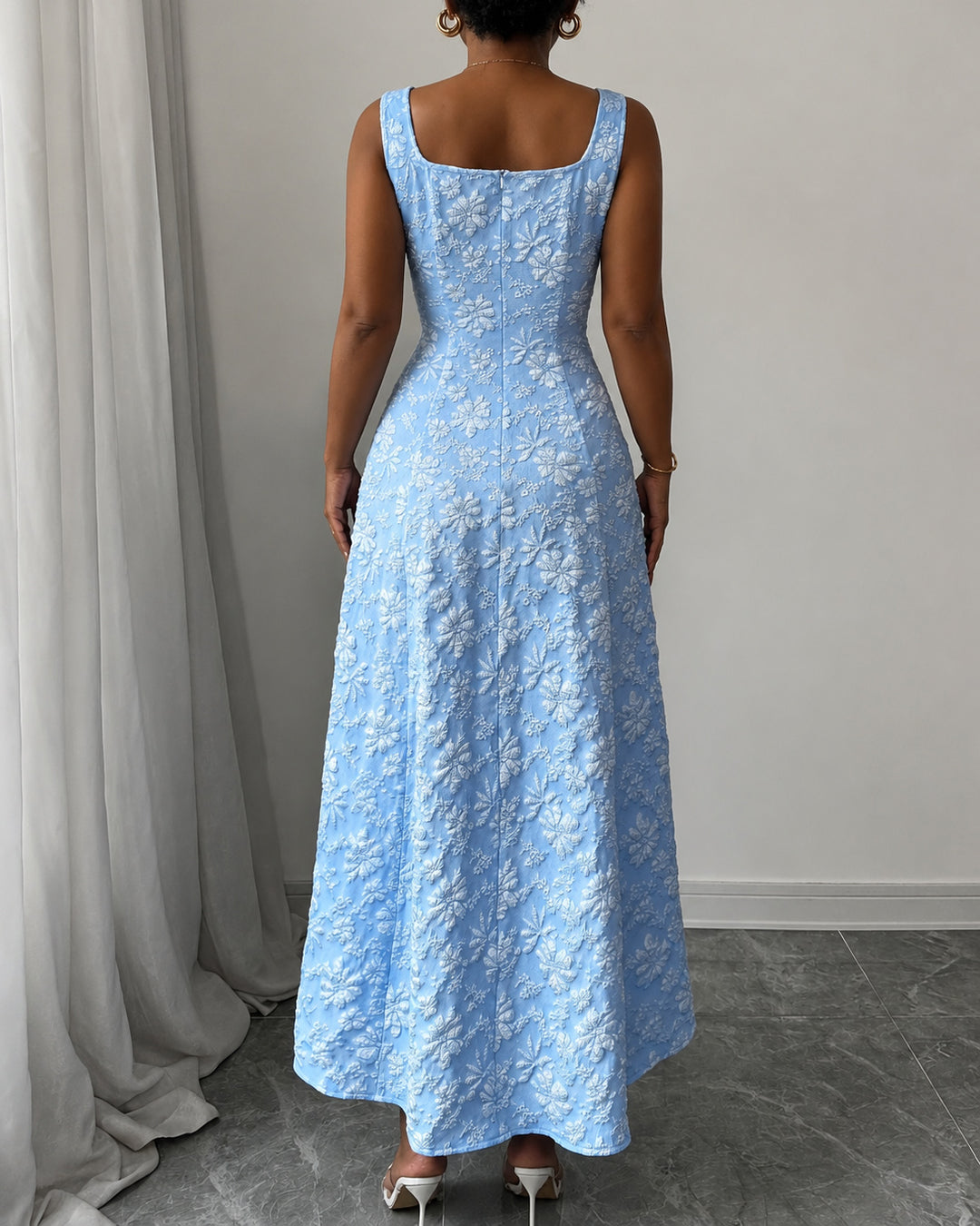 Jacquard Square Neck Sleeveless Waisted Elegant Maxi Swing Dress