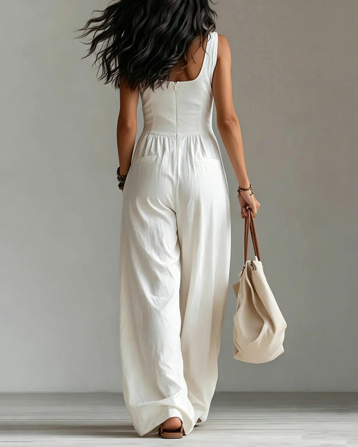 V-neck Sleeveless Wide-leg Jumpsuit with Pockets