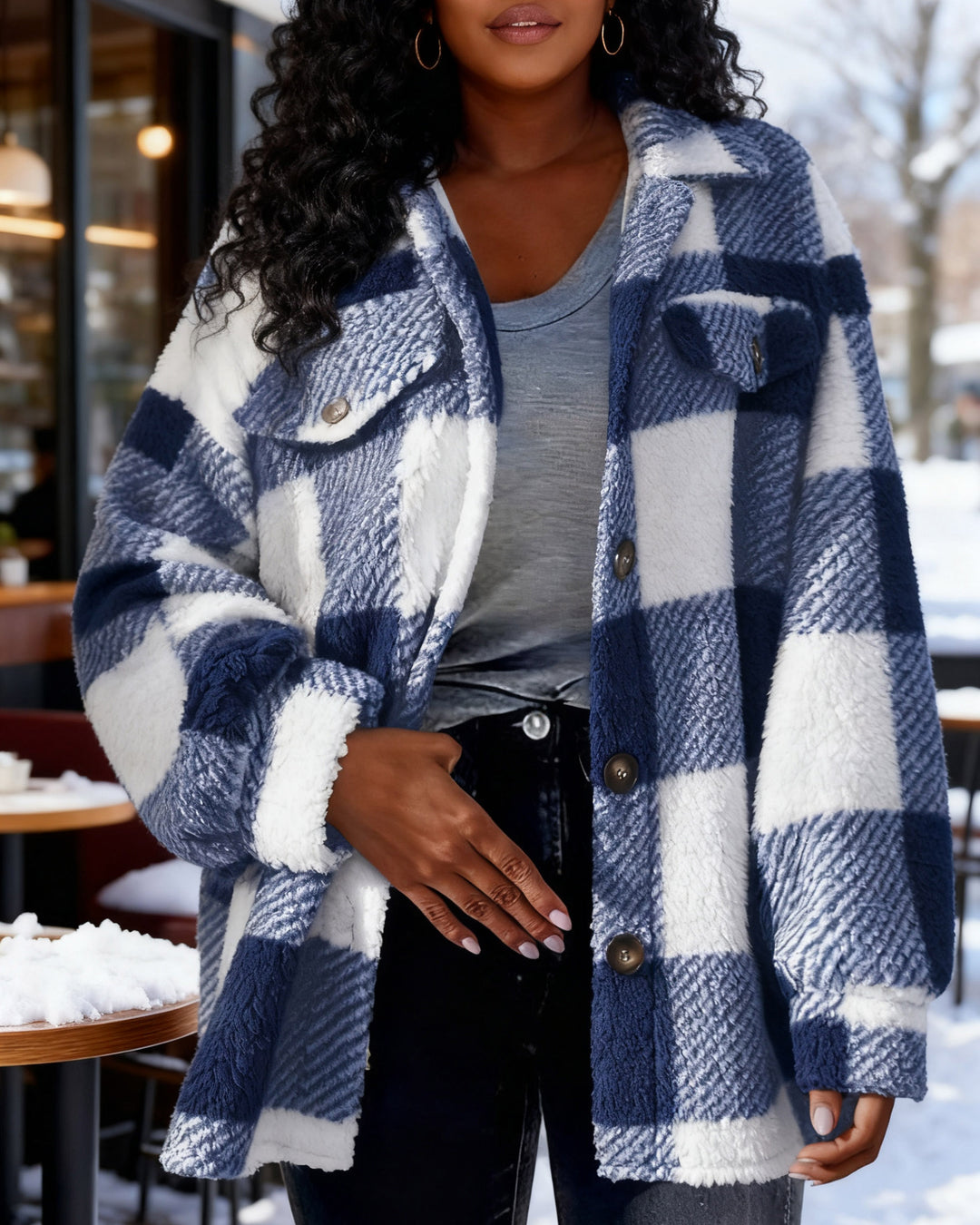 Pocket Plaid Lambskin Jacket Button Plush Coat