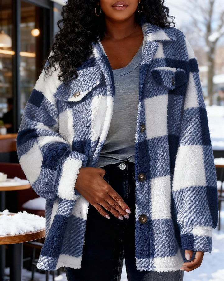 Pocket Plaid Lambskin Jacket Button Plush Coat