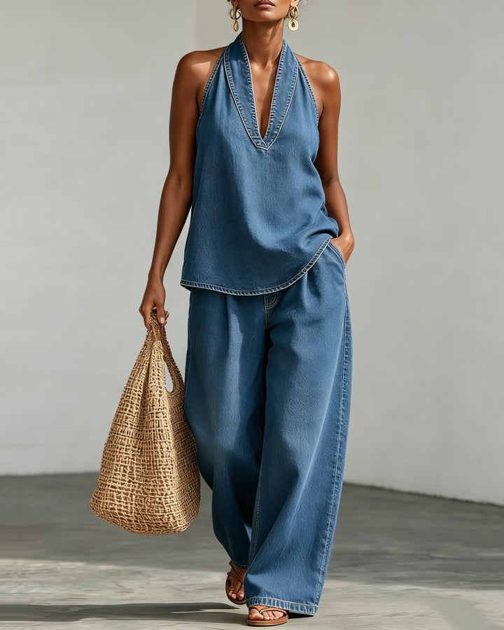 100% Denim V-neck Sleeveless Top and Wide-Leg Pants Two-Piece Set