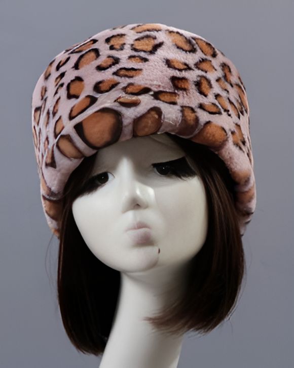 Leopard Faux Rex Rabbit Fur Round Flat Hat