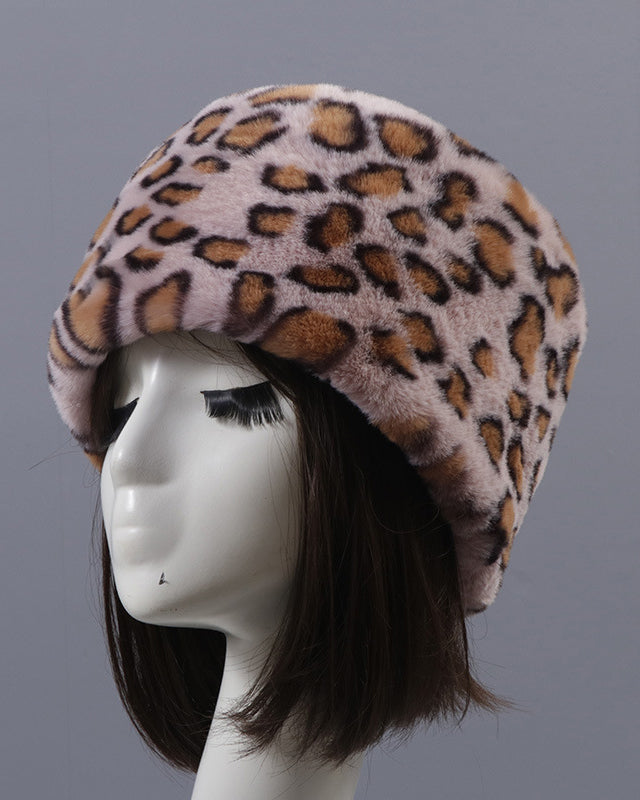 Leopard Faux Rex Rabbit Fur Round Flat Hat