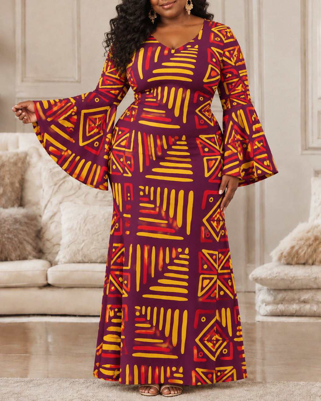 Women'S Ankara Geometric Print Bell-Sleeve Maxi Dress