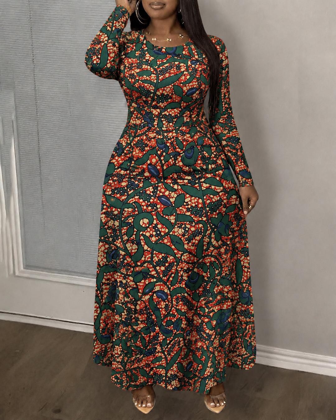 Women's Green Red Botanical Print Long Sleeve Pocket Maxi Dress