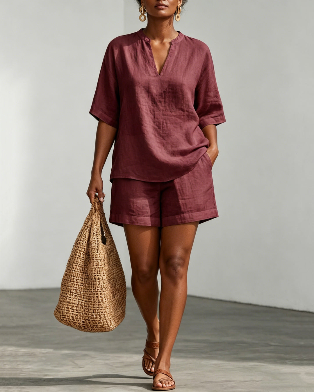 Linen V-neck Short-sleeved Top and Shorts Two-piece Set