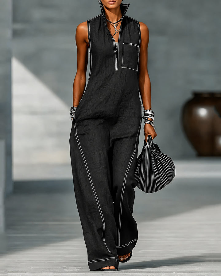 Stand-up Collar Sleeveless Casual Loose Pocket Cotton Linen Jumpsuit