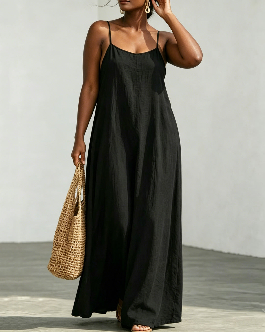 Solid Color Linen Cotton Cami Maxi Dress With Pockets