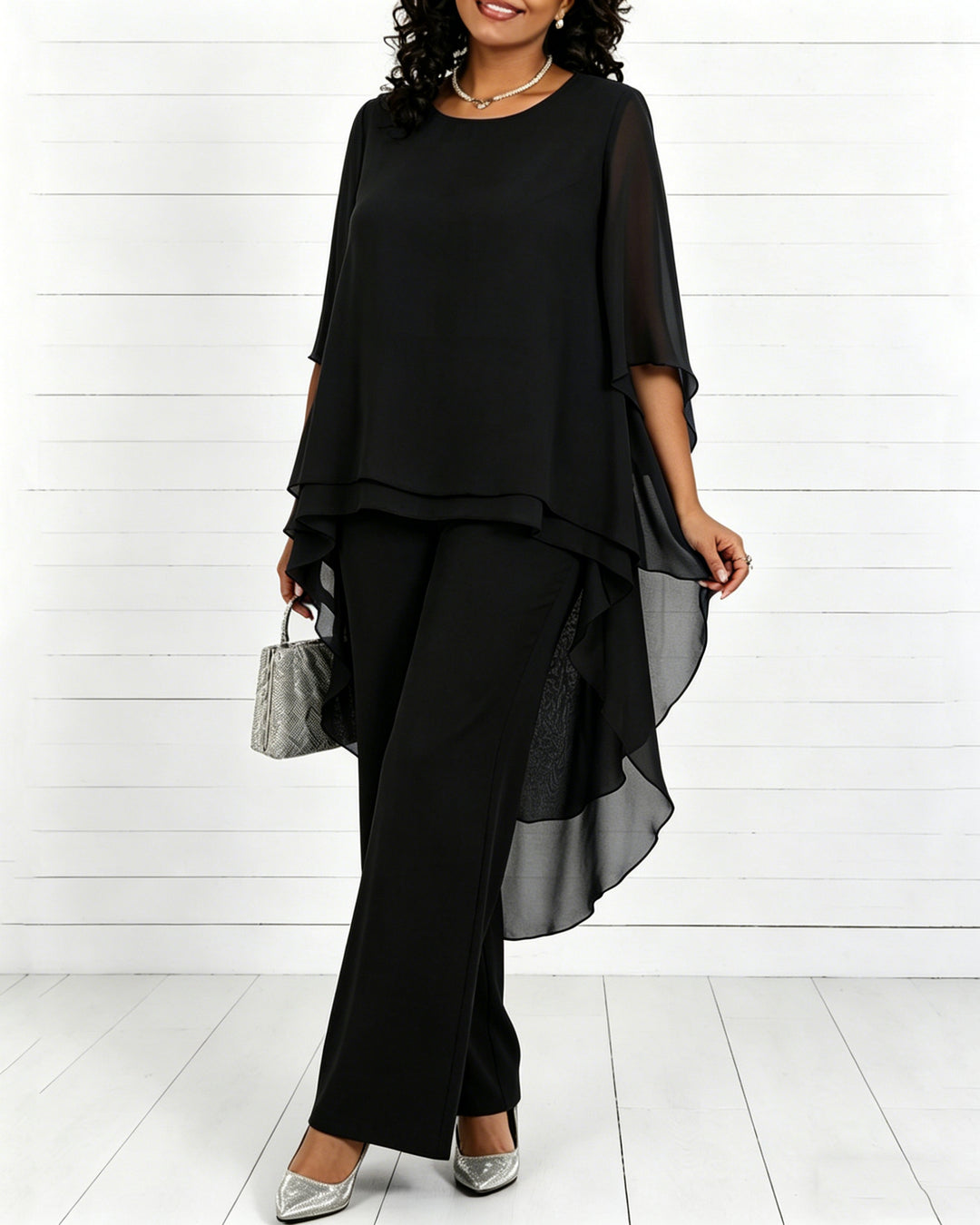 Solid Color Round Neck Chiffon Long Top and Straight Leg Pants Two-piece Set