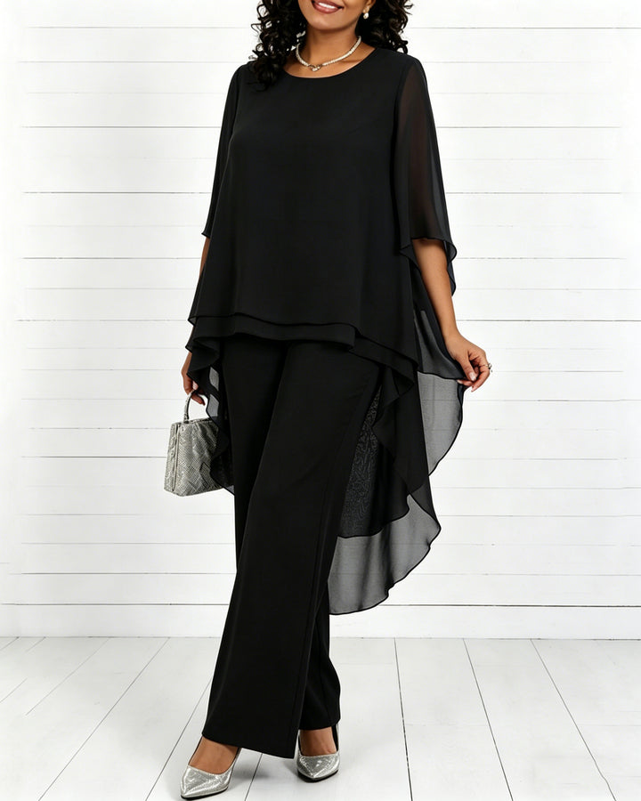 Solid Color Round Neck Chiffon Long Top and Straight Leg Pants Two-piece Set